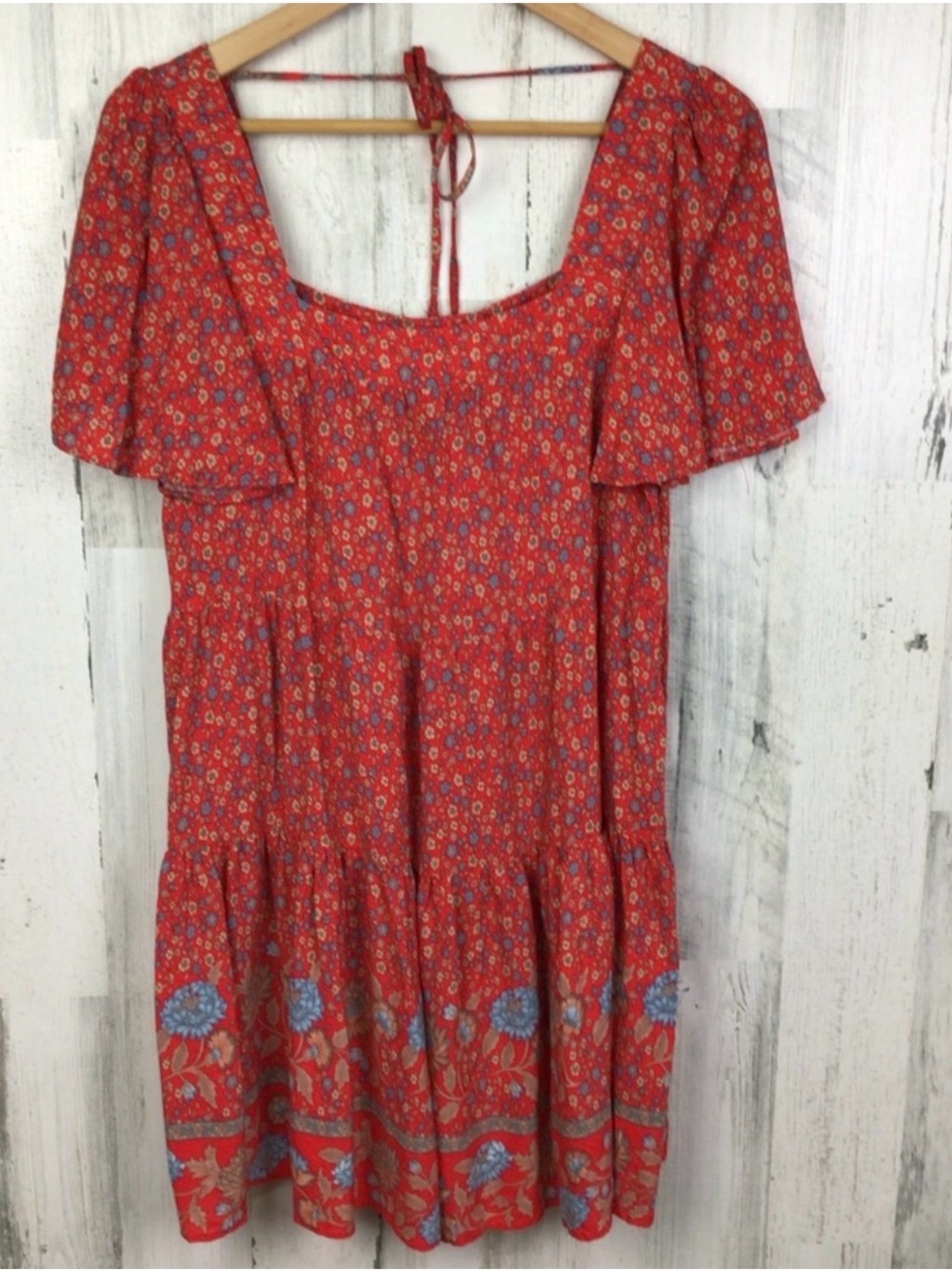 Aakaa Red Mini Dress with Blue Floral Border